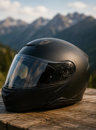 Motorradhelm bereit zur Tour, im Hintergrund die Berge