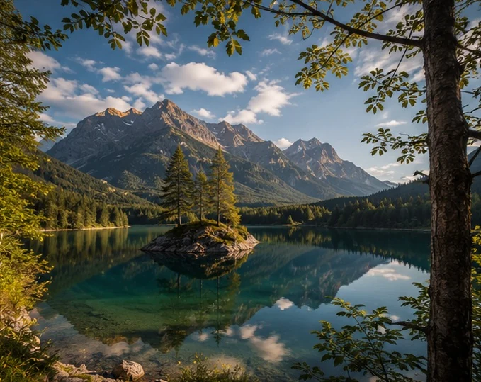 Türkiser Bergsee mit kleiner Insel, wie am Plansee