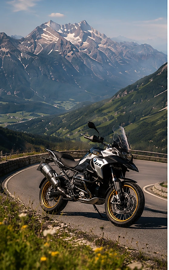 BMW R 1300 GS Motorrad in der Kurve vor Bergkulisse