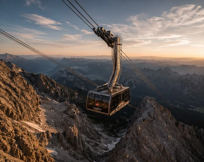 Gondelbahn bei Sonnenuntergang, Richtung Zugspitze