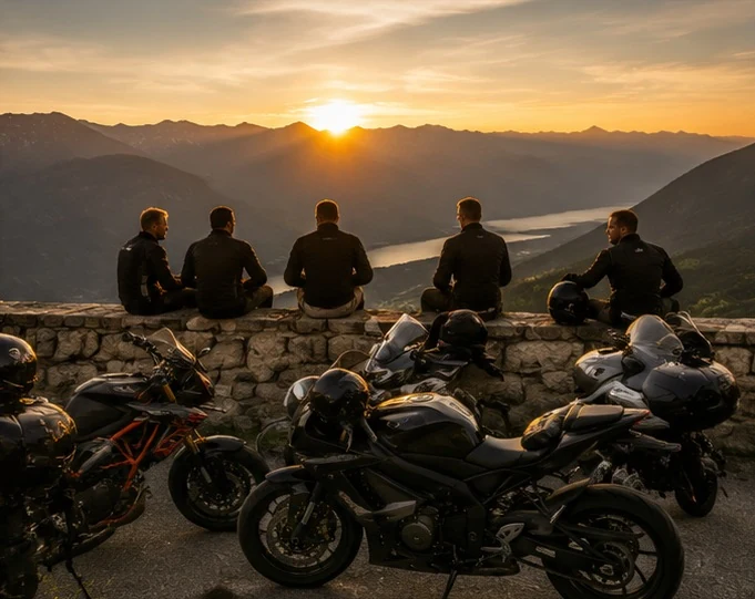 Gruppe an einer Mauer bei Sonnenuntergang