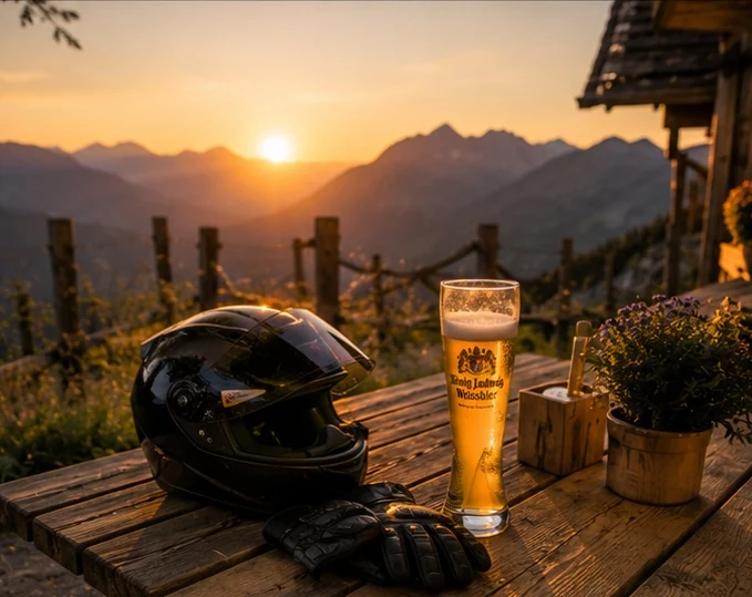 Rast mit Helm und Aussicht auf den Bergsee, nahe Sylvensteinsee